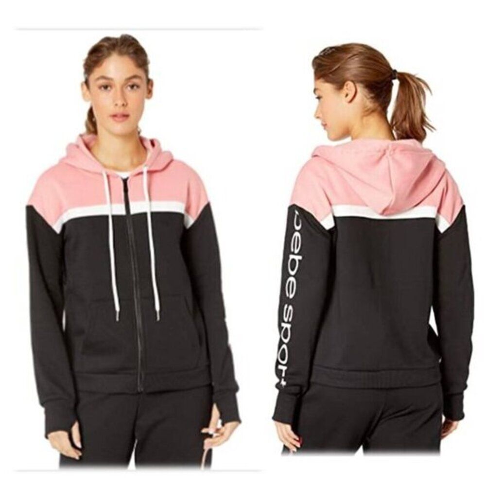 Bebe Sport Color Stripe  Hoodie Athletic‎ Jacket Black Pink Size XL